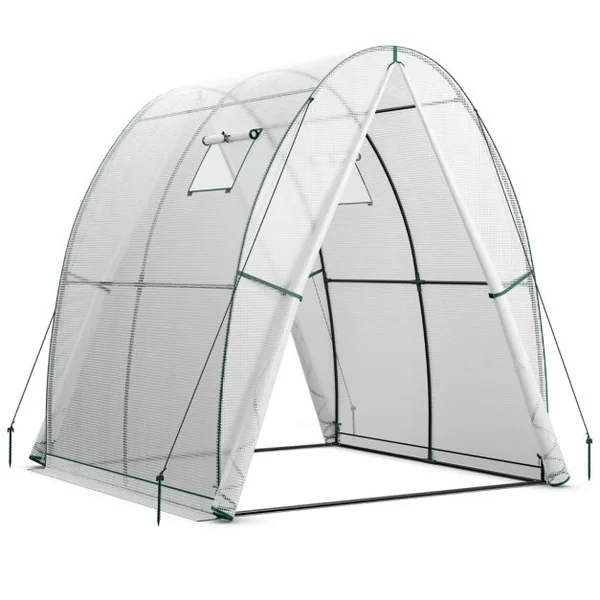 Serre avec Housse en PE Résistante aux Intempéries Serre Tunnel avec Fenêtre Moustiquaires Enroulable 2 Portes Zippées Pochette Latérale Blanc/Vert