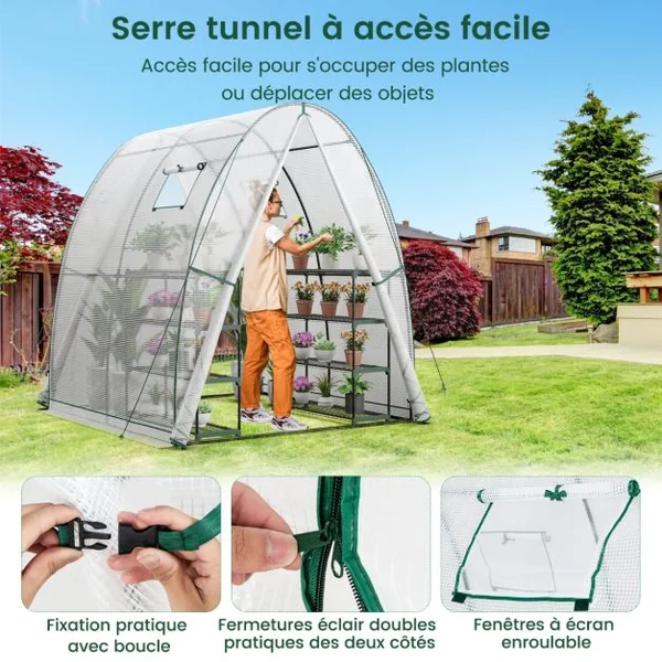 Serre avec Housse en PE Résistante aux Intempéries Serre Tunnel avec Fenêtre Moustiquaires Enroulable 2 Portes Zippées Pochette Latérale Blanc/Vert