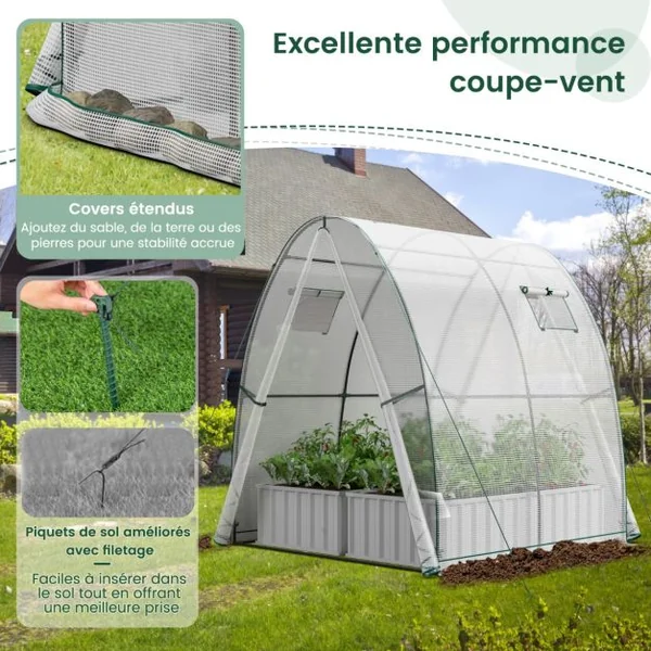 Serre avec Housse en PE Résistante aux Intempéries Serre Tunnel avec Fenêtre Moustiquaires Enroulable 2 Portes Zippées Pochette Latérale Blanc/Vert