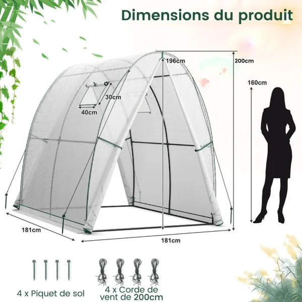 Serre avec Housse en PE Résistante aux Intempéries Serre Tunnel avec Fenêtre Moustiquaires Enroulable 2 Portes Zippées Pochette Latérale Blanc/Vert