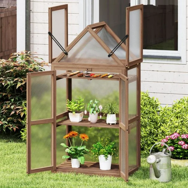 Serre de Jardin en Polycarbonate Cadre en Bois de Sapin 3 Étagères Réglables 71 x 41 x 133 cm 2 Porte Toit Ouvrant Brun