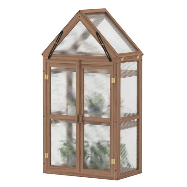Serre de Jardin en Polycarbonate Cadre en Bois de Sapin 3 Étagères Réglables 71 x 41 x 133 cm 2 Porte Toit Ouvrant Brun