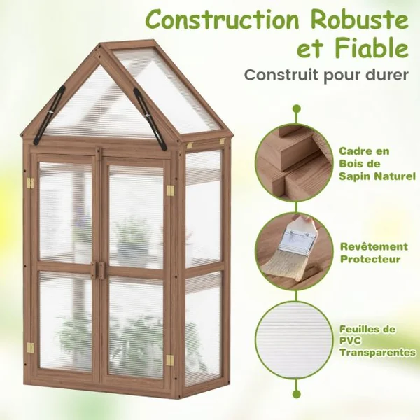 Serre de Jardin en Polycarbonate Cadre en Bois de Sapin 3 Étagères Réglables 71 x 41 x 133 cm 2 Porte Toit Ouvrant Brun