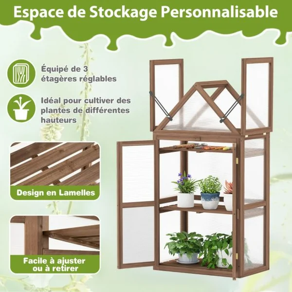 Serre de Jardin en Polycarbonate Cadre en Bois de Sapin 3 Étagères Réglables 71 x 41 x 133 cm 2 Porte Toit Ouvrant Brun