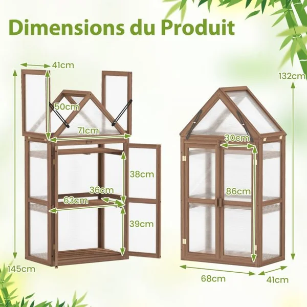 Serre de Jardin en Polycarbonate Cadre en Bois de Sapin 3 Étagères Réglables 71 x 41 x 133 cm 2 Porte Toit Ouvrant Brun