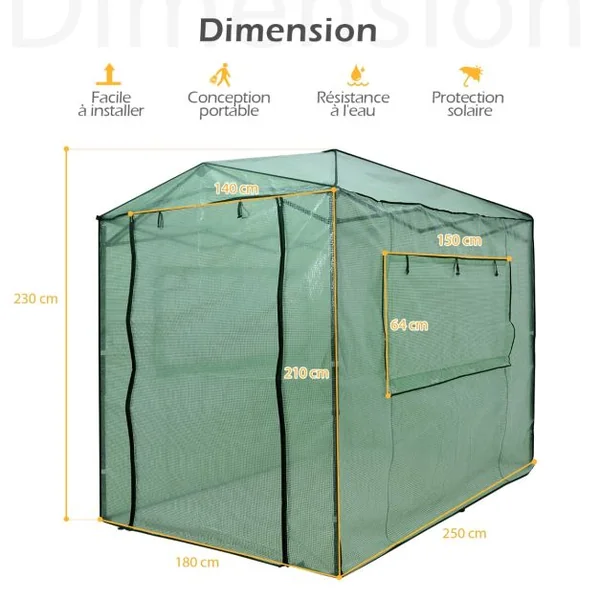 Serre de Jardin Portable avec 2 Larges Fenêtres Observation Tente pour Plantes Porte Enroulable à Double Fermeture Éclair 180 x 250CM