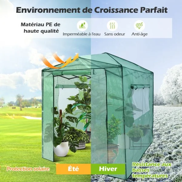 Serre de Jardin Portable avec 2 Larges Fenêtres Observation Tente pour Plantes Porte Enroulable à Double Fermeture Éclair 180 x 250CM