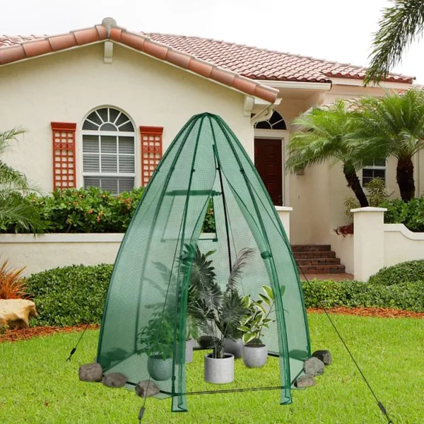 Serre de Jardin Portable Housse en PE 160x160x183cm avec Porte Enroulable Fenêtre en Treillis Etanche Cadre en Acier Vert
