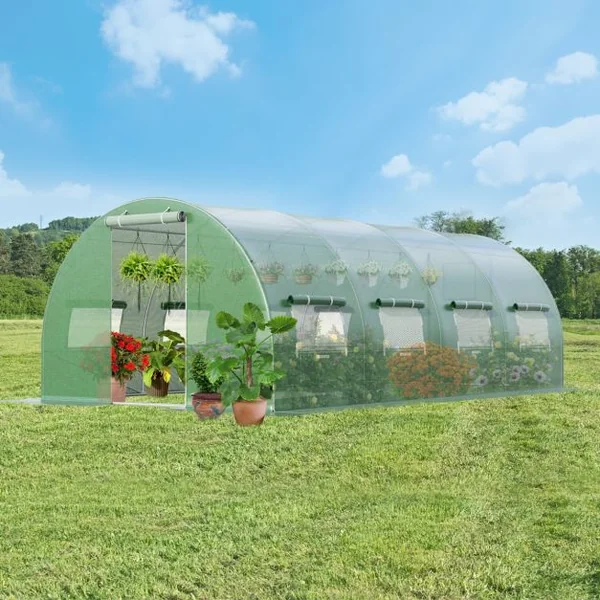 Serre de Jardin Tunnel Cadre en Acier Galvanisé Robuste Serre Tunnel Coupe-vent avec Cerceau 8 Fenêtres Enroulables Vert
