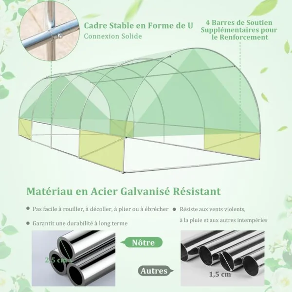 Serre de Jardin Tunnel Cadre en Acier Galvanisé Robuste Serre Tunnel Coupe-vent avec Cerceau 8 Fenêtres Enroulables Vert