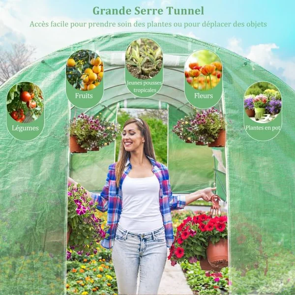 Serre de Jardin Tunnel Cadre en Acier Galvanisé Robuste Serre Tunnel Coupe-vent avec Cerceau 8 Fenêtres Enroulables Vert