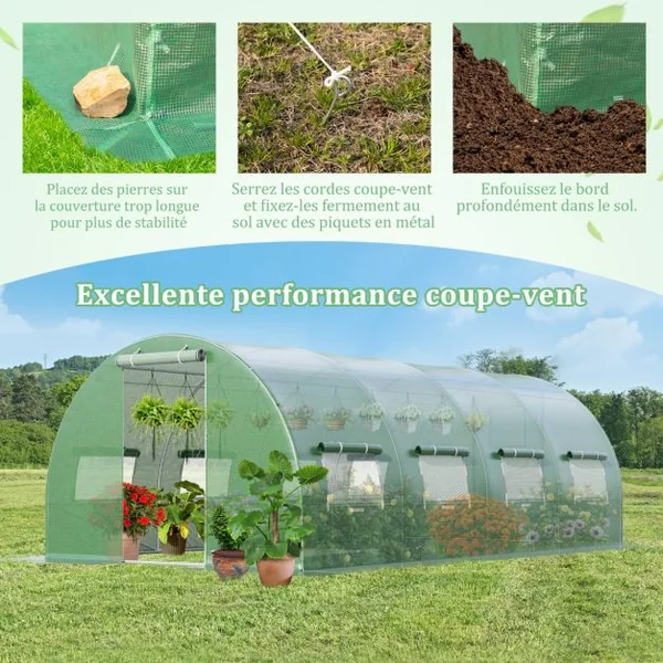 Serre de Jardin Tunnel Cadre en Acier Galvanisé Robuste Serre Tunnel Coupe-vent avec Cerceau 8 Fenêtres Enroulables Vert