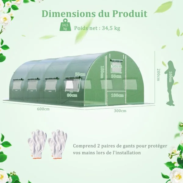 Serre de Jardin Tunnel Cadre en Acier Galvanisé Robuste Serre Tunnel Coupe-vent avec Cerceau 8 Fenêtres Enroulables Vert