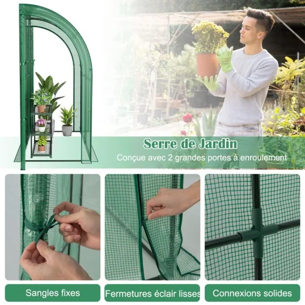 Serre de Plain-pied Inclinée en PE 200*100*215cm avec Étagère à Plantes 3 Niveaux 2 Portes Zippées Imperméable Cadre en Acier Vert