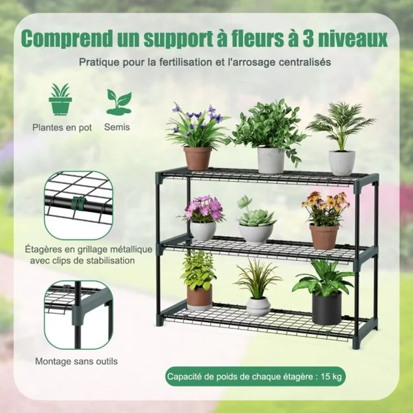 Serre de Plain-pied Inclinée en PE 200*100*215cm avec Étagère à Plantes 3 Niveaux 2 Portes Zippées Imperméable Cadre en Acier Vert