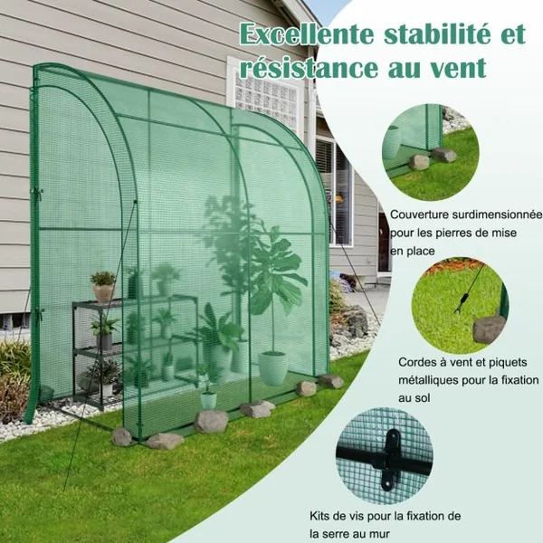 Serre de Plain-pied Inclinée en PE 200*100*215cm avec Étagère à Plantes 3 Niveaux 2 Portes Zippées Imperméable Cadre en Acier Vert