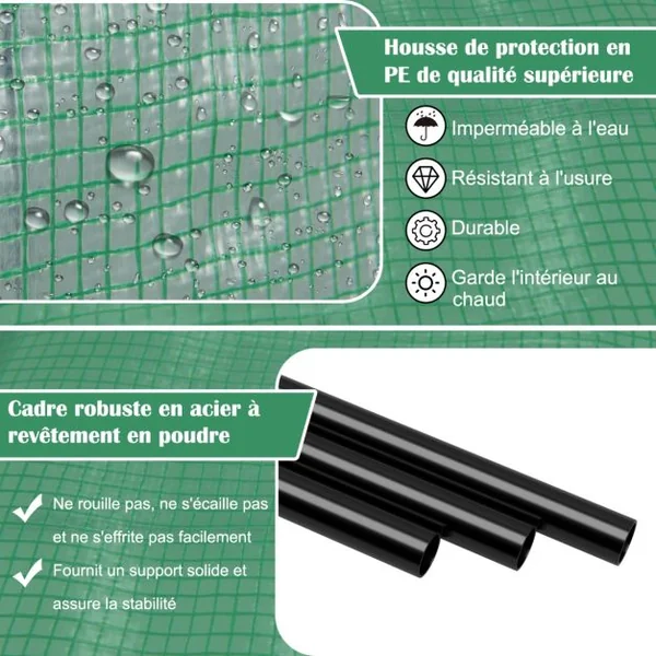 Serre de Plain-pied Inclinée en PE 200*100*215cm avec Étagère à Plantes 3 Niveaux 2 Portes Zippées Imperméable Cadre en Acier Vert