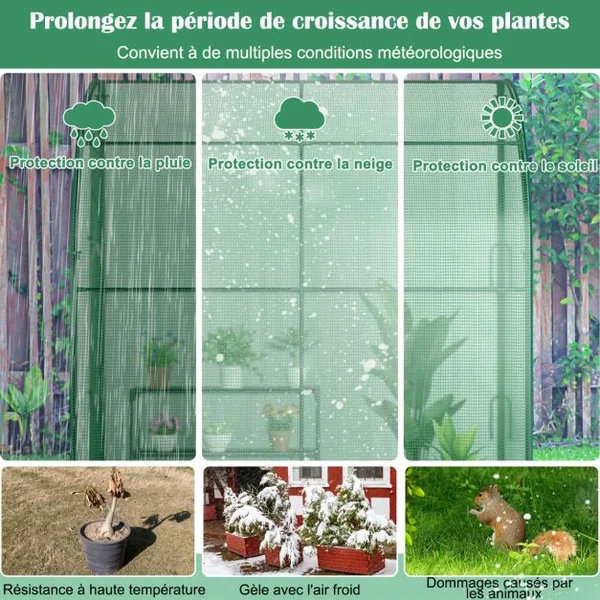 Serre de Plain-pied Inclinée en PE 200*100*215cm avec Étagère à Plantes 3 Niveaux 2 Portes Zippées Imperméable Cadre en Acier Vert