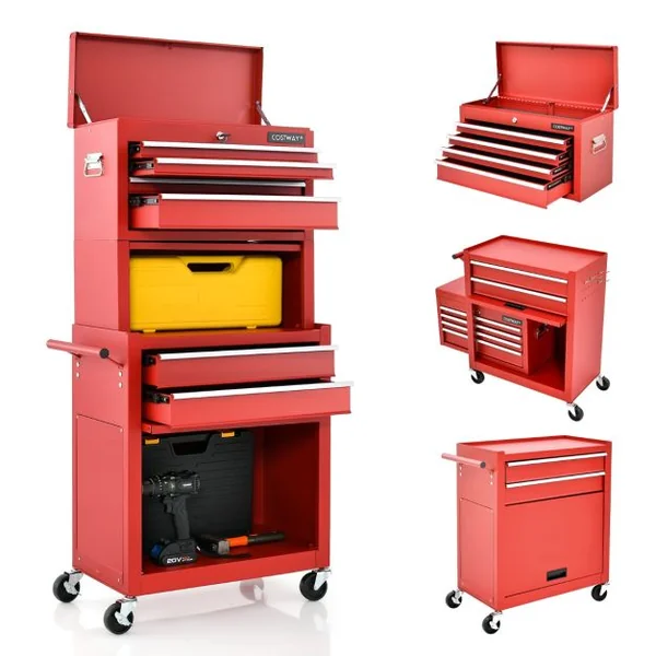 Servante d'Atelier à 6 Tiroirs avec Armoire de Rangement et Coffre Outils Amovible Caisse à Outils Roulante Verrouillable Étagère Réglable Rouge/Noir/Noir+Rouge