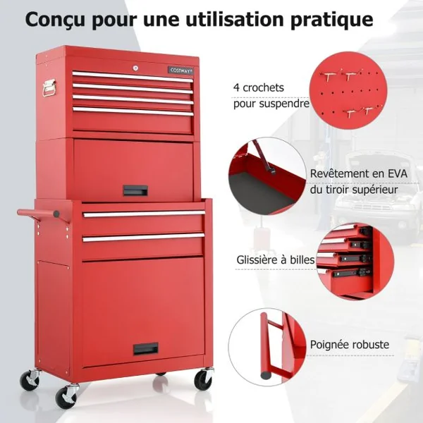 Servante d'Atelier à 6 Tiroirs avec Armoire de Rangement et Coffre Outils Amovible Caisse à Outils Roulante Verrouillable Étagère Réglable Rouge/Noir/Noir+Rouge