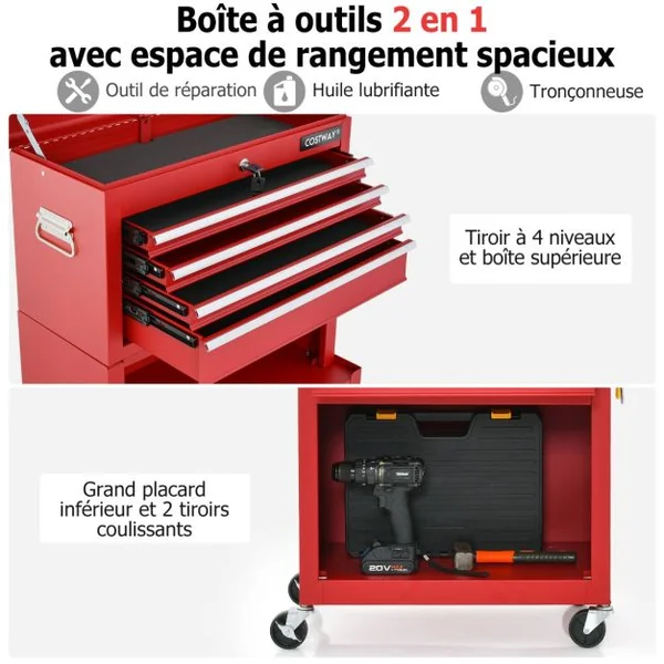 Servante d'Atelier à 6 Tiroirs avec Armoire de Rangement et Coffre Outils Amovible Caisse à Outils Roulante Verrouillable Étagère Réglable Rouge/Noir/Noir+Rouge