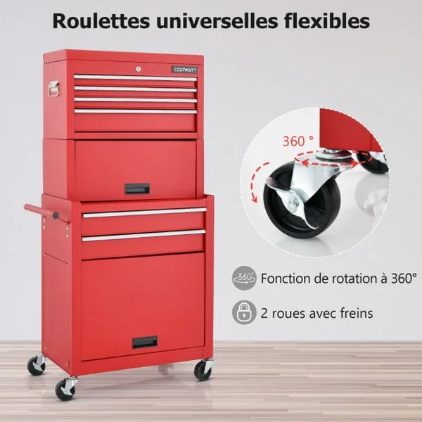 Servante d'Atelier à 6 Tiroirs avec Armoire de Rangement et Coffre Outils Amovible Caisse à Outils Roulante Verrouillable Étagère Réglable Rouge/Noir/Noir+Rouge