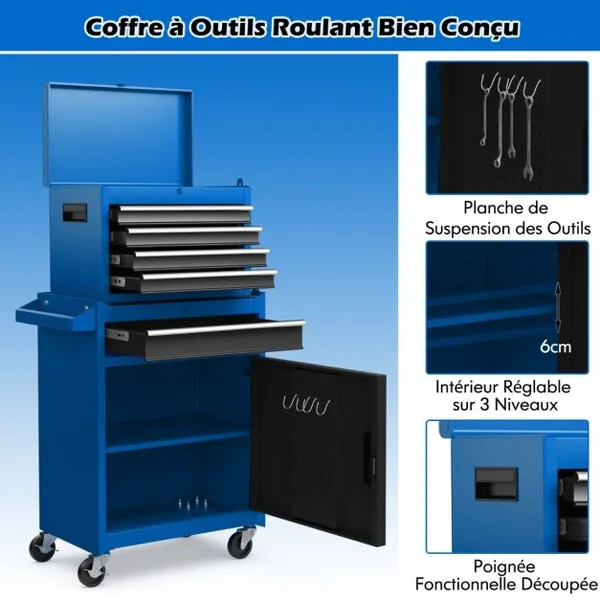 Servante Porte Outils à 4 Tiroirs et Armoire de Rangement Caisse à Outils avec Roues Verrouillables pour Garage Atelier 8 Couleurs au Choix