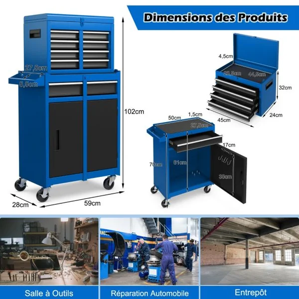 Servante Porte Outils à 4 Tiroirs et Armoire de Rangement Caisse à Outils avec Roues Verrouillables pour Garage Atelier 8 Couleurs au Choix