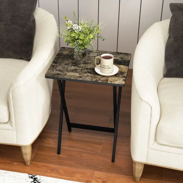 Set de 4 Tables de Jardin Pliantes en Bois Table Basse Extérieur Charge 30KG avec Plateau Imitation Marbre 48 x 40 x 67 cm Noir