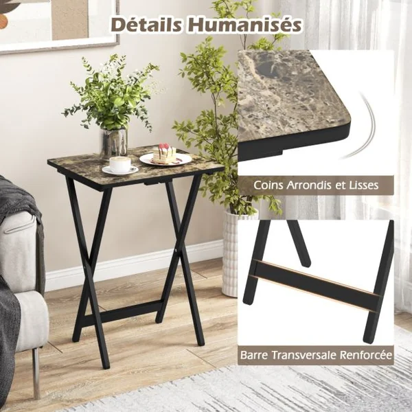 Set de 4 Tables de Jardin Pliantes en Bois Table Basse Extérieur Charge 30KG avec Plateau Imitation Marbre 48 x 40 x 67 cm Noir