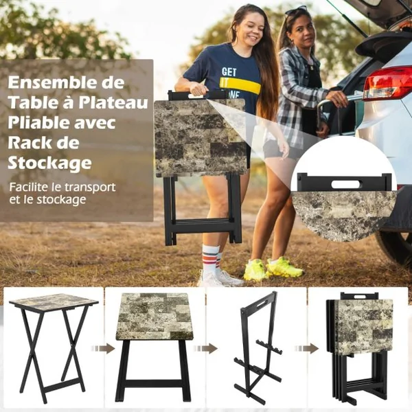 Set de 4 Tables de Jardin Pliantes en Bois Table Basse Extérieur Charge 30KG avec Plateau Imitation Marbre 48 x 40 x 67 cm Noir