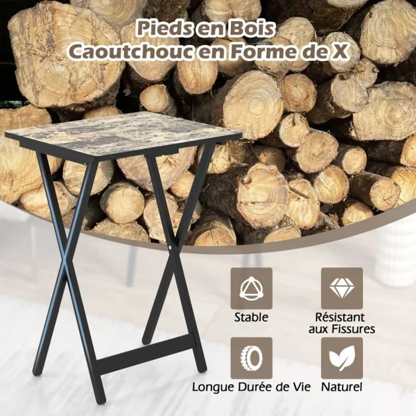 Set de 4 Tables de Jardin Pliantes en Bois Table Basse Extérieur Charge 30KG avec Plateau Imitation Marbre 48 x 40 x 67 cm Noir