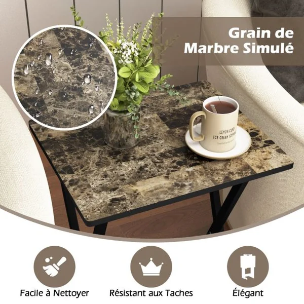 Set de 4 Tables de Jardin Pliantes en Bois Table Basse Extérieur Charge 30KG avec Plateau Imitation Marbre 48 x 40 x 67 cm Noir