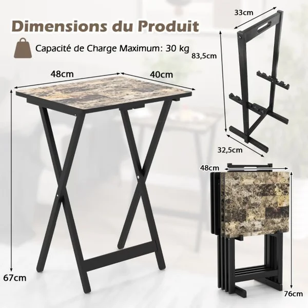Set de 4 Tables de Jardin Pliantes en Bois Table Basse Extérieur Charge 30KG avec Plateau Imitation Marbre 48 x 40 x 67 cm Noir