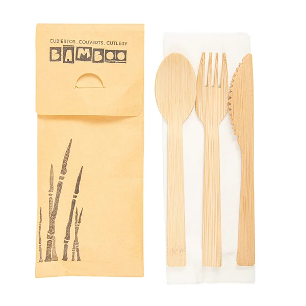 SET - FOURCHETTE, COUTEAU, CUILLÈRE " SERVIETTE 17 CM NATUREL BAMBOU (50 UNITÉ) - Garcia de Pou