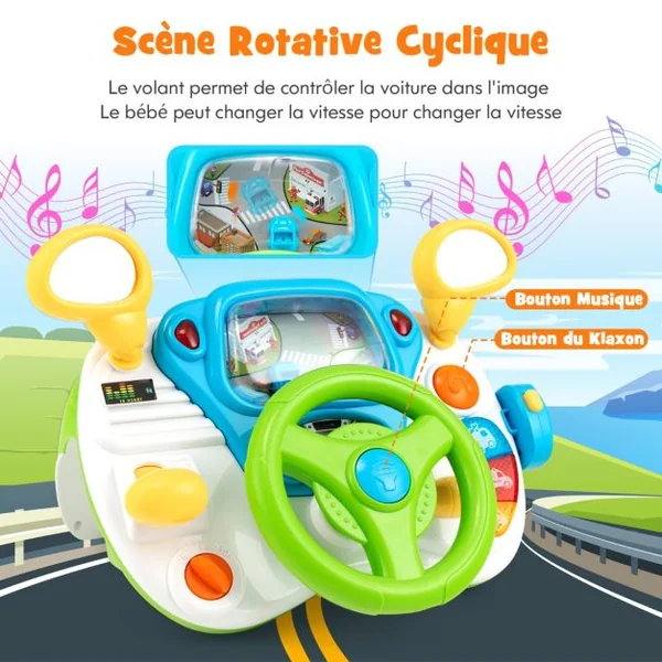 Simulateur de Conduite Volant Electronique pour Enfants avec Tabouret Sons et Lumières Klaxon Interphone pour 36 Mois+