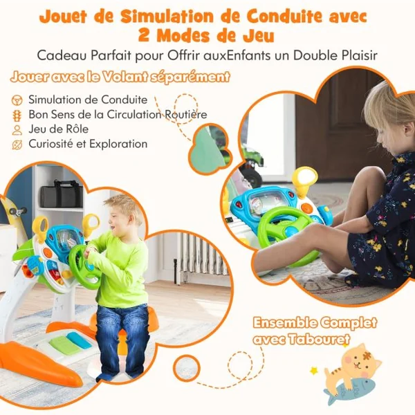 Simulateur de Conduite Volant Electronique pour Enfants avec Tabouret Sons et Lumières Klaxon Interphone pour 36 Mois+