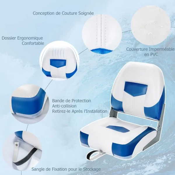 Siège de Bateau 2 pcs avec Mousse Épaisse Charnière en Métal Bleu et Blanc 50x42x52cm Bleu/Noir/Rouge