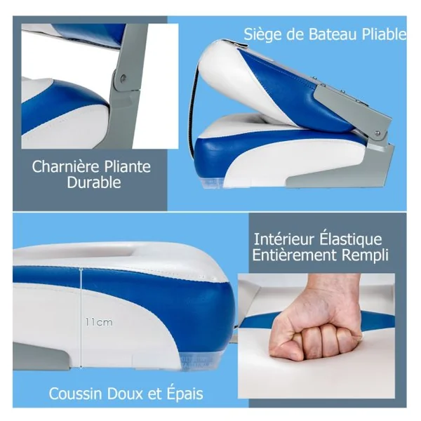Siège de Bateau 2 pcs avec Mousse Épaisse Charnière en Métal Bleu et Blanc 50x42x52cm Bleu/Noir/Rouge