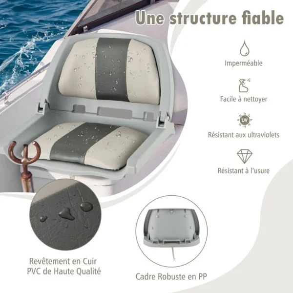 Siège de Bateau Pliable Chaise de Bateau à Dossier Bas Coussins Rembourrés en Cuir PVC Cadre en PP Boulons de Fixation