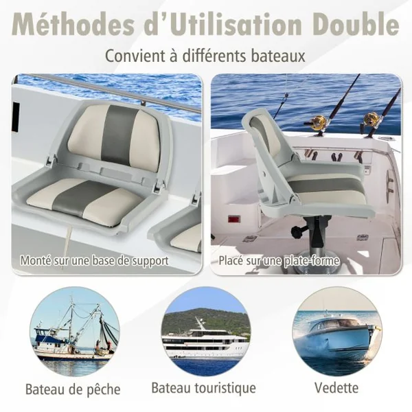 Siège de Bateau Pliable Chaise de Bateau à Dossier Bas Coussins Rembourrés en Cuir PVC Cadre en PP Boulons de Fixation
