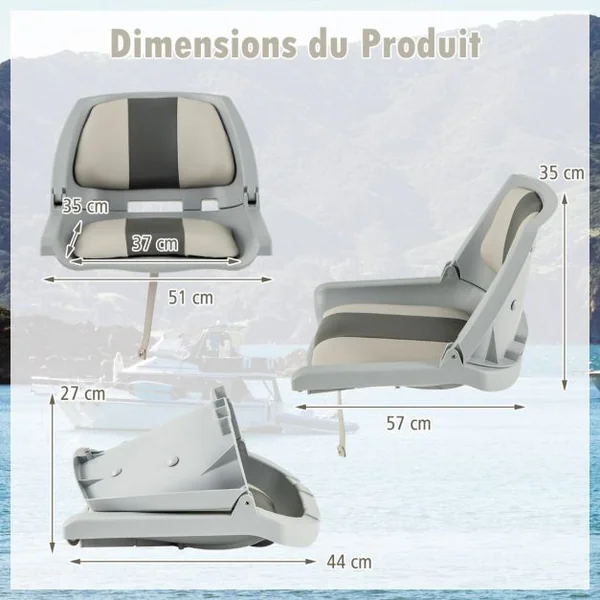 Siège de Bateau Pliable Chaise de Bateau à Dossier Bas Coussins Rembourrés en Cuir PVC Cadre en PP Boulons de Fixation