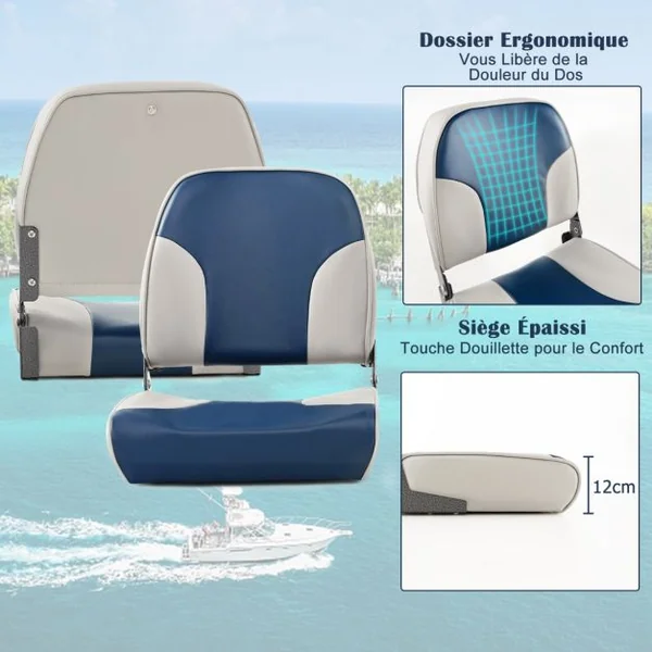 Siège de Bateau Pliante Lot de 2 avec Rembourrage en Mousse Siège de Pêche à Dossier Bas Résistant aux Intempéries Charge 180KG Bleu