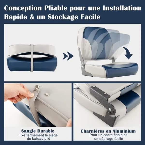 Siège de Bateau Pliante Lot de 2 avec Rembourrage en Mousse Siège de Pêche à Dossier Bas Résistant aux Intempéries Charge 180KG Bleu