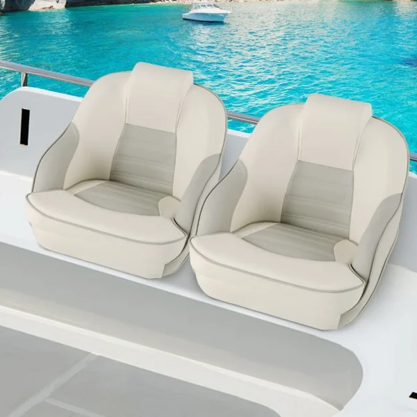 Siège de Bateau Ponton en Cuir PVC Imperméable Siège de Pêche Rembourrage en Éponge Épaisse avec Dossier Haut Blanc+Gris