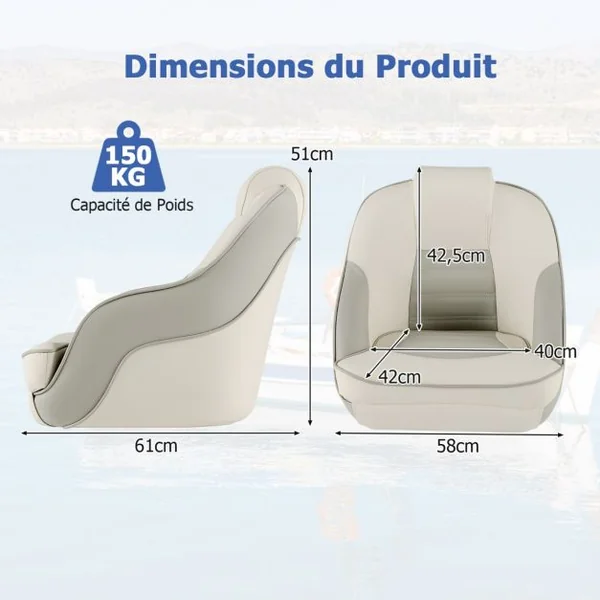 Siège de Bateau Ponton en Cuir PVC Imperméable Siège de Pêche Rembourrage en Éponge Épaisse avec Dossier Haut Blanc+Gris