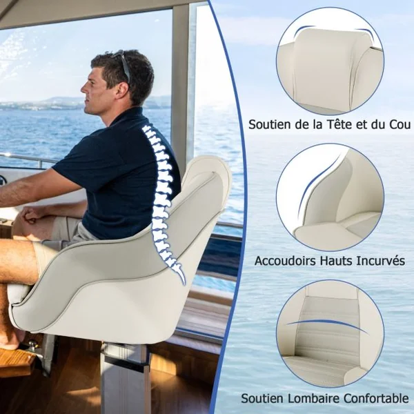 Siège de Bateau Ponton en Cuir PVC Imperméable Siège de Pêche Rembourrage en Éponge Épaisse avec Dossier Haut Blanc+Gris