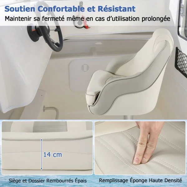 Siège de Bateau Ponton en Cuir PVC Imperméable Siège de Pêche Rembourrage en Éponge Épaisse avec Dossier Haut Blanc+Gris