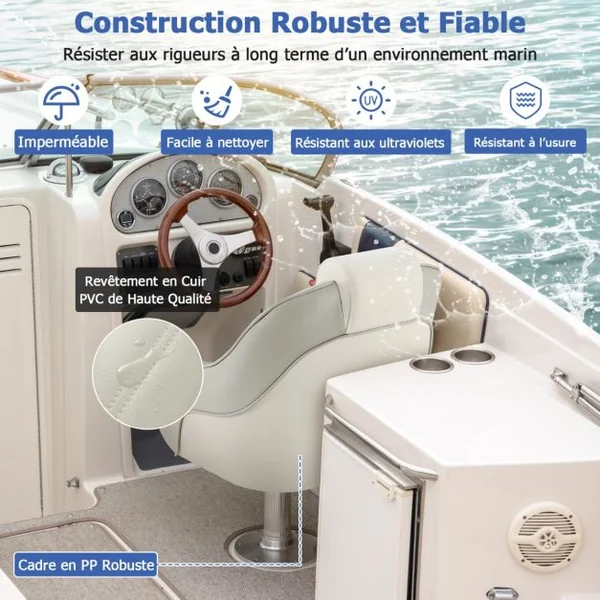 Siège de Bateau Ponton en Cuir PVC Imperméable Siège de Pêche Rembourrage en Éponge Épaisse avec Dossier Haut Blanc+Gris