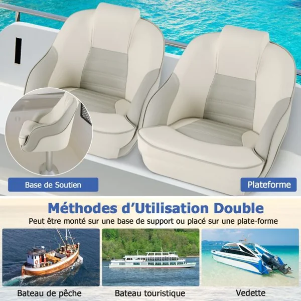 Siège de Bateau Ponton en Cuir PVC Imperméable Siège de Pêche Rembourrage en Éponge Épaisse avec Dossier Haut Blanc+Gris